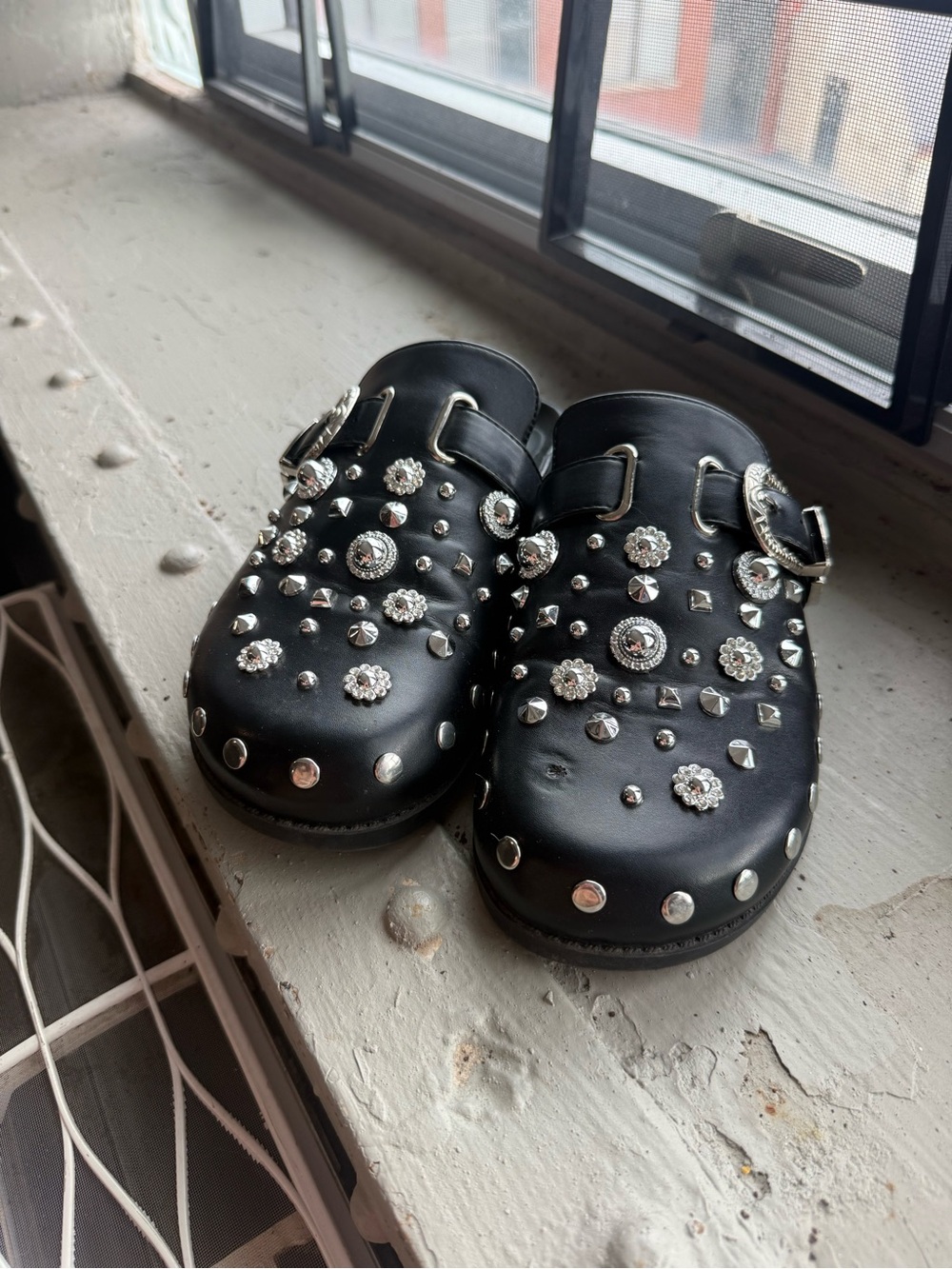 Black Studded Western Clogs - Silver Buckle Slip-On Mules - Women’s 7.5